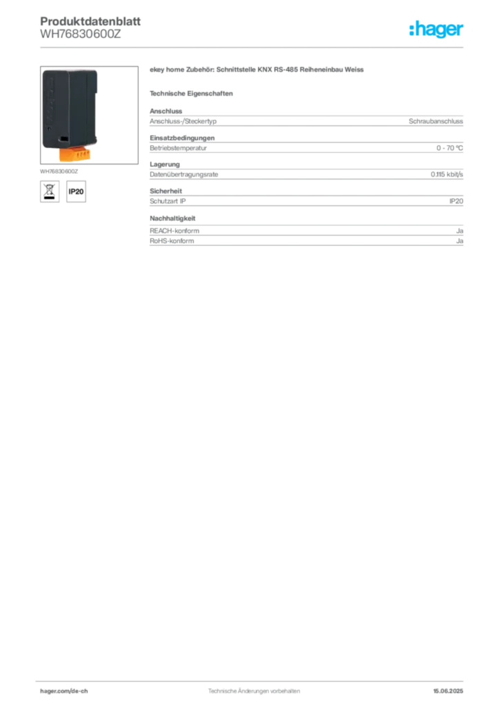 Bild Hager Produktdatenblatt WH76830600Z | Hager Schweiz