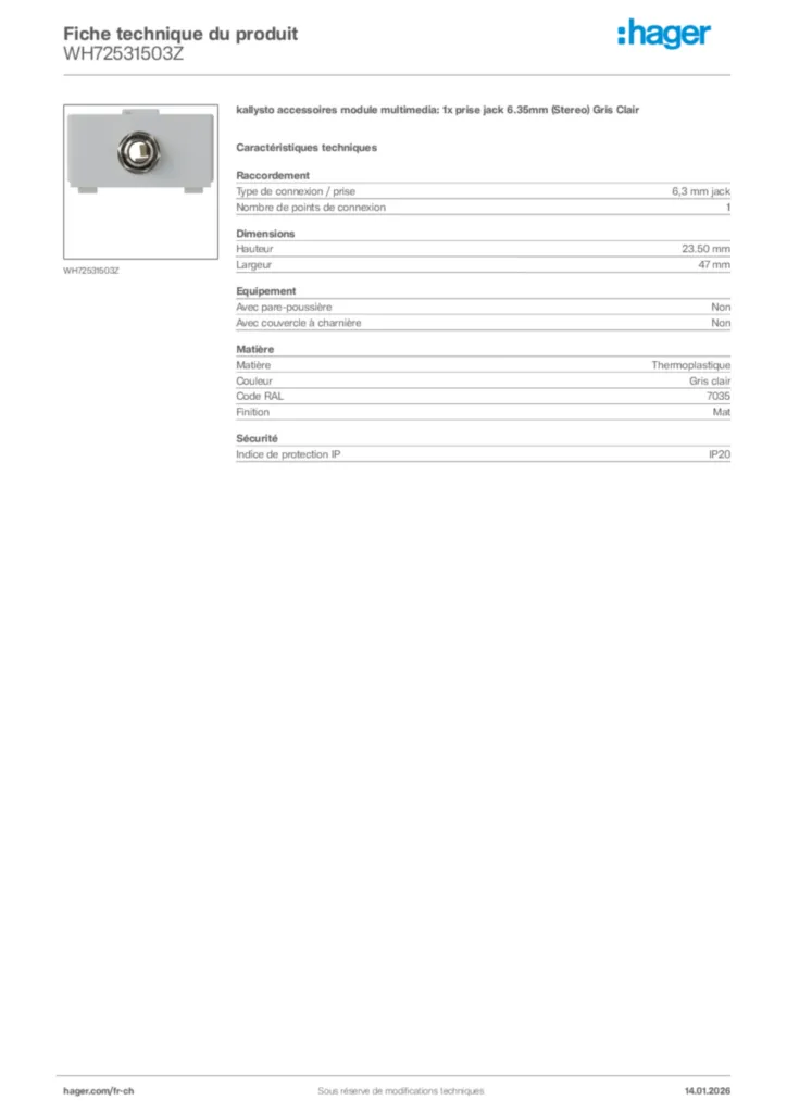 Image Hager Fiche technique du produit WH72531503Z | Hager Suisse