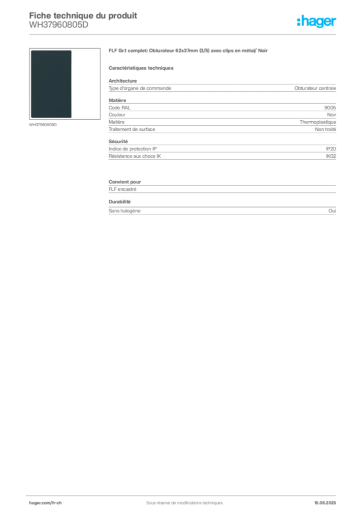 Image Hager Fiche technique du produit WH37960805D | Hager Suisse