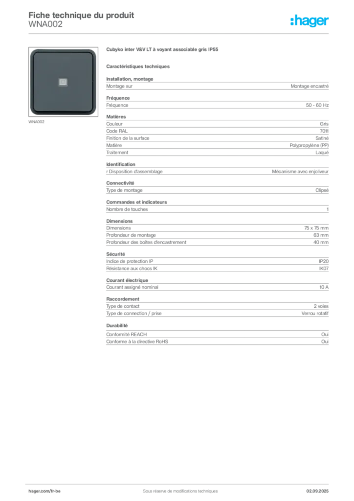 Image Hager Fiche technique du produit WNA002 | Hager Belgique