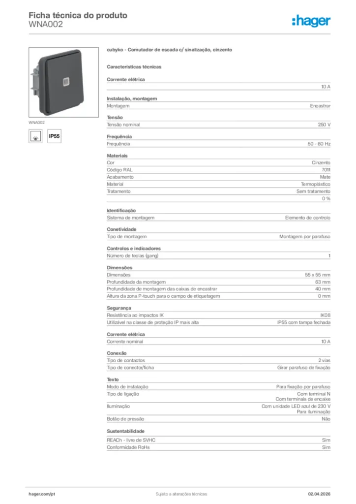 Imagem Hager Ficha técnica do produto WNA002 | Hager Portugal
