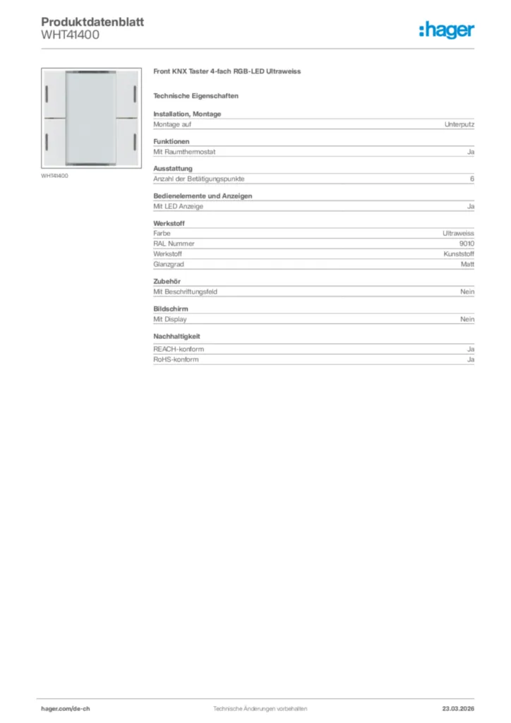 Bild Hager Produktdatenblatt WHT41400 | Hager Schweiz