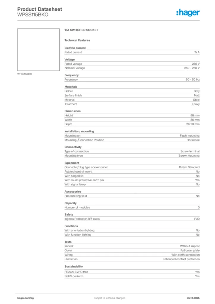 Image Hager Product data sheet WPSS115BKO  | Hager
