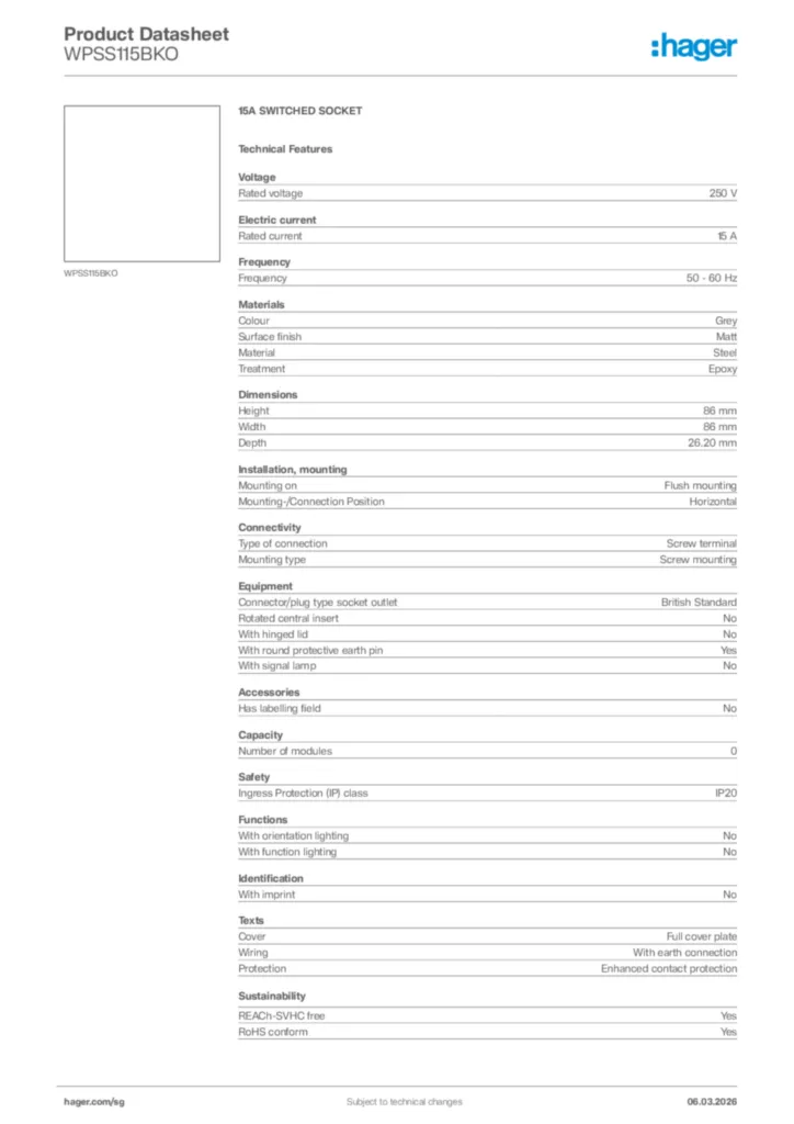 Image Hager Product data sheet WPSS115BKO  | Hager