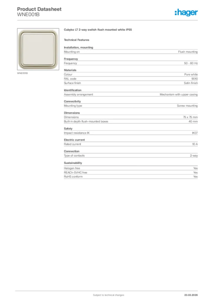 Image Hager Product data sheet WNE001B  | Hager Africa