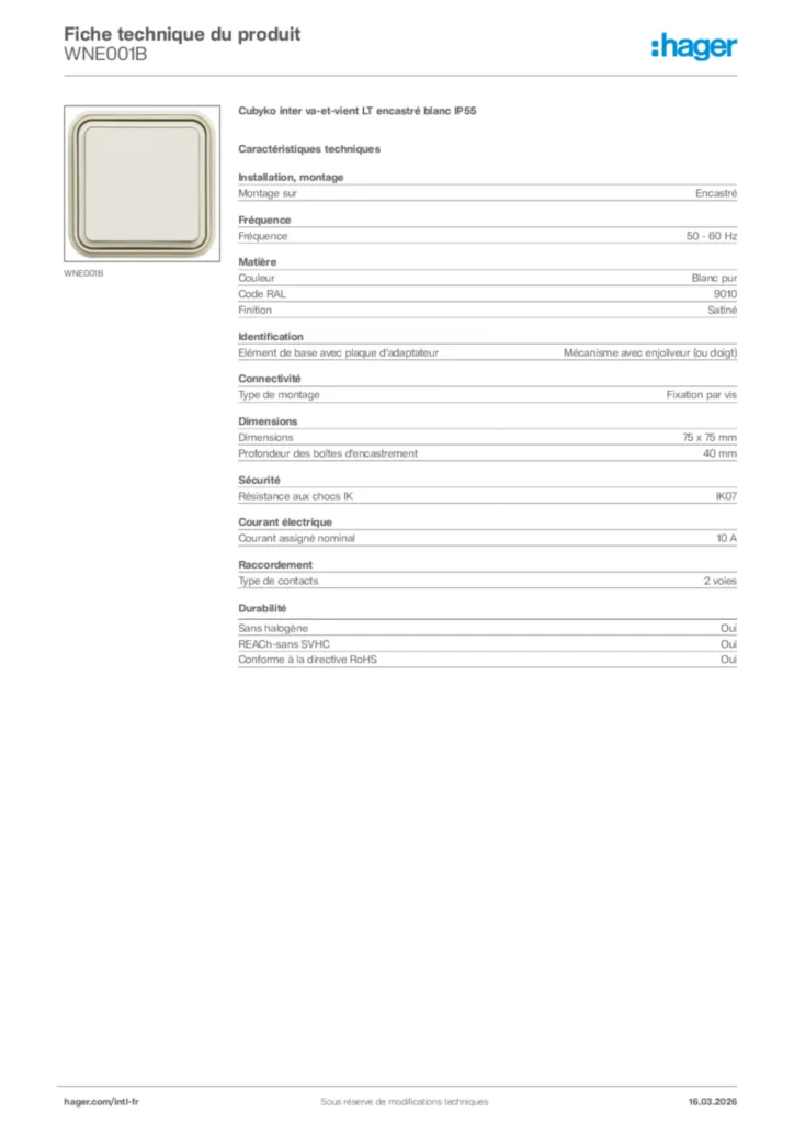 Image Hager Fiche technique du produit WNE001B | Hager Afrique