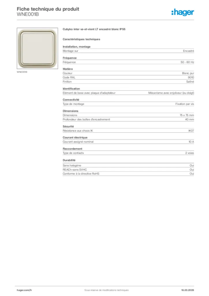 Image Hager Fiche technique du produit WNE001B | Hager France