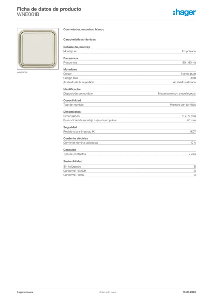 Imagen Hager Ficha de datos de producto WNE001B | Hager España