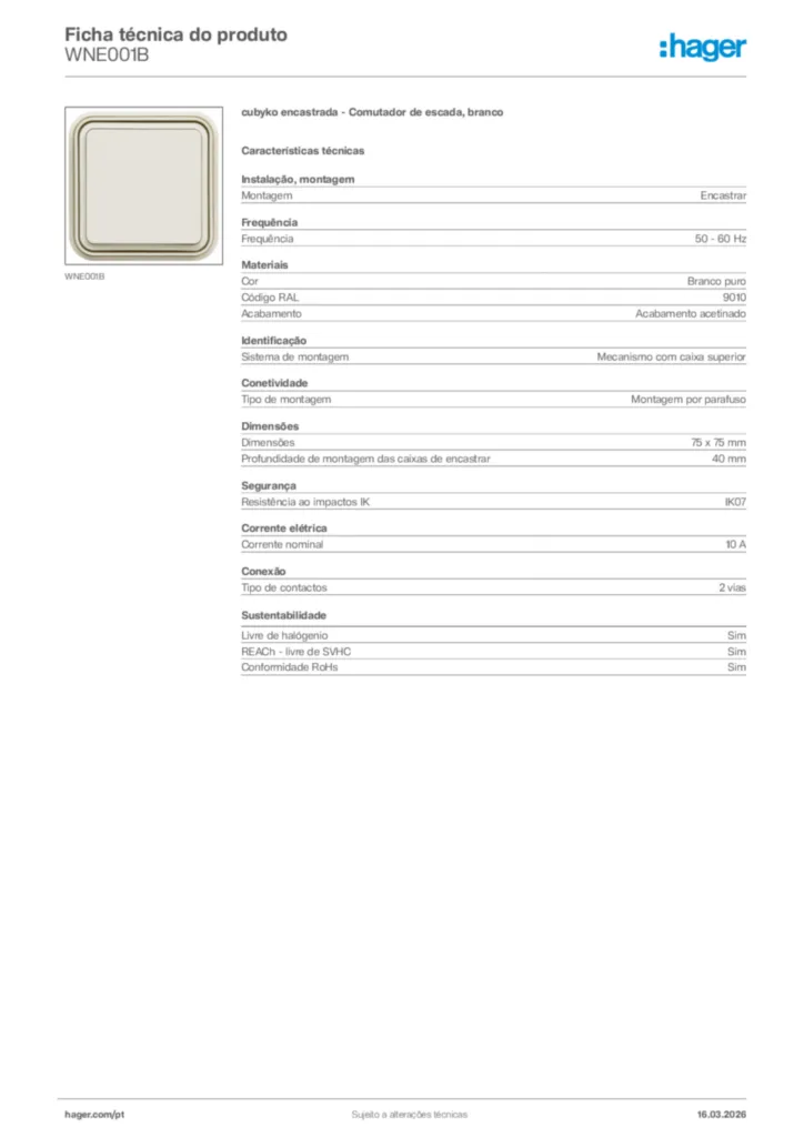 Imagem Hager Ficha técnica do produto WNE001B | Hager Portugal