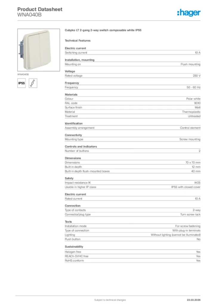 Image Hager Product data sheet WNA040B  | Hager Africa