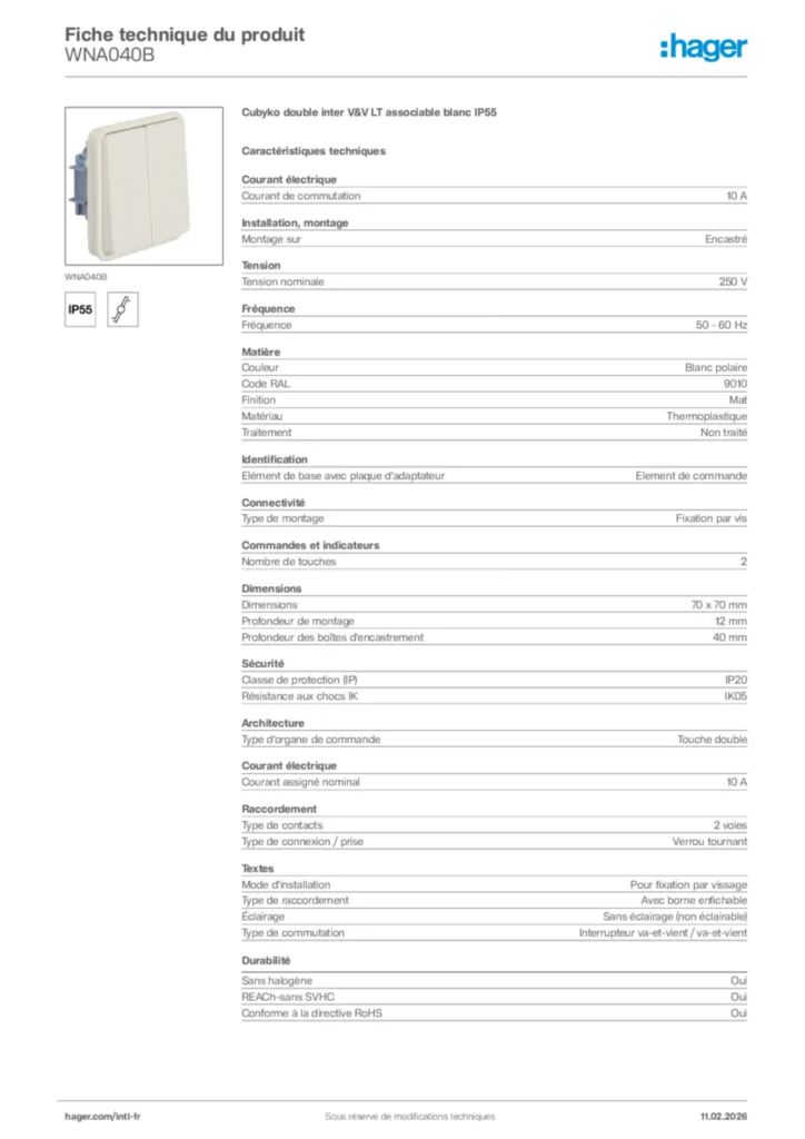 Image Hager Fiche technique du produit WNA040B | Hager Afrique