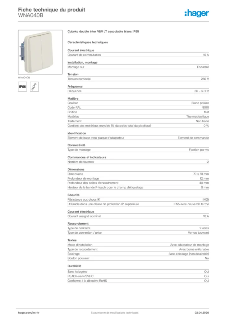 Image Hager Fiche technique du produit WNA040B | Hager Afrique