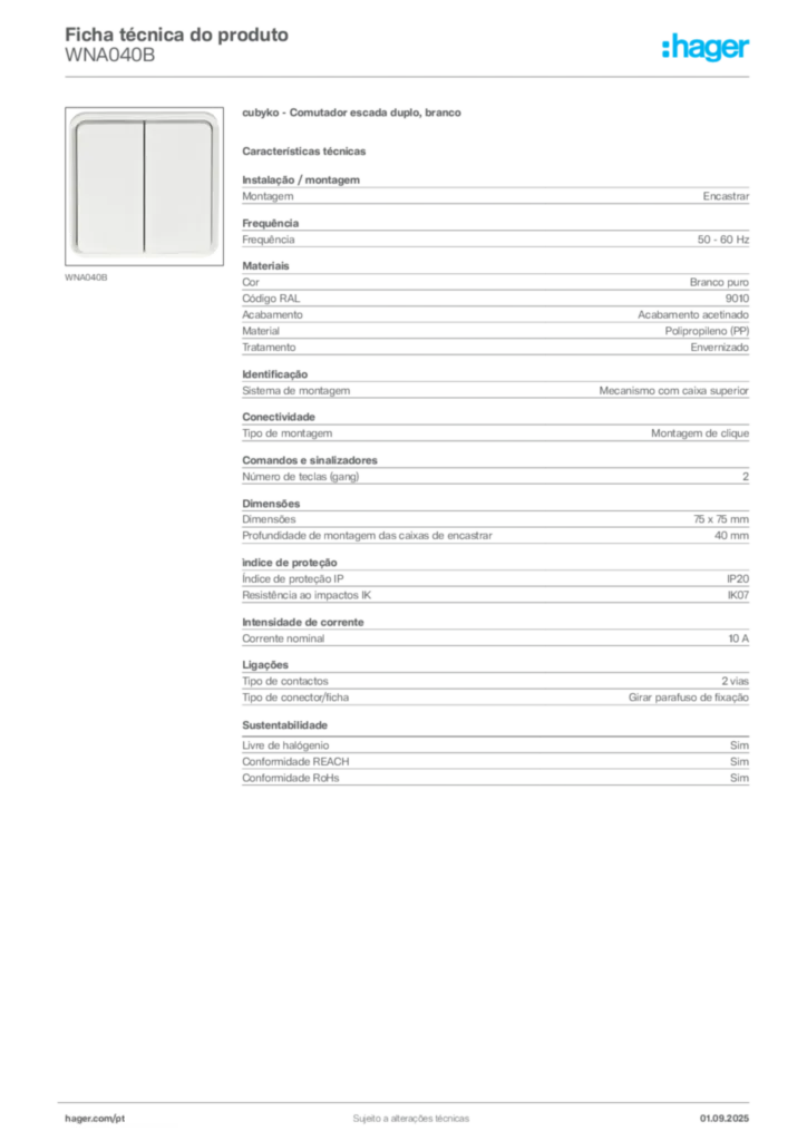 Imagem Hager Ficha técnica do produto WNA040B | Hager Portugal