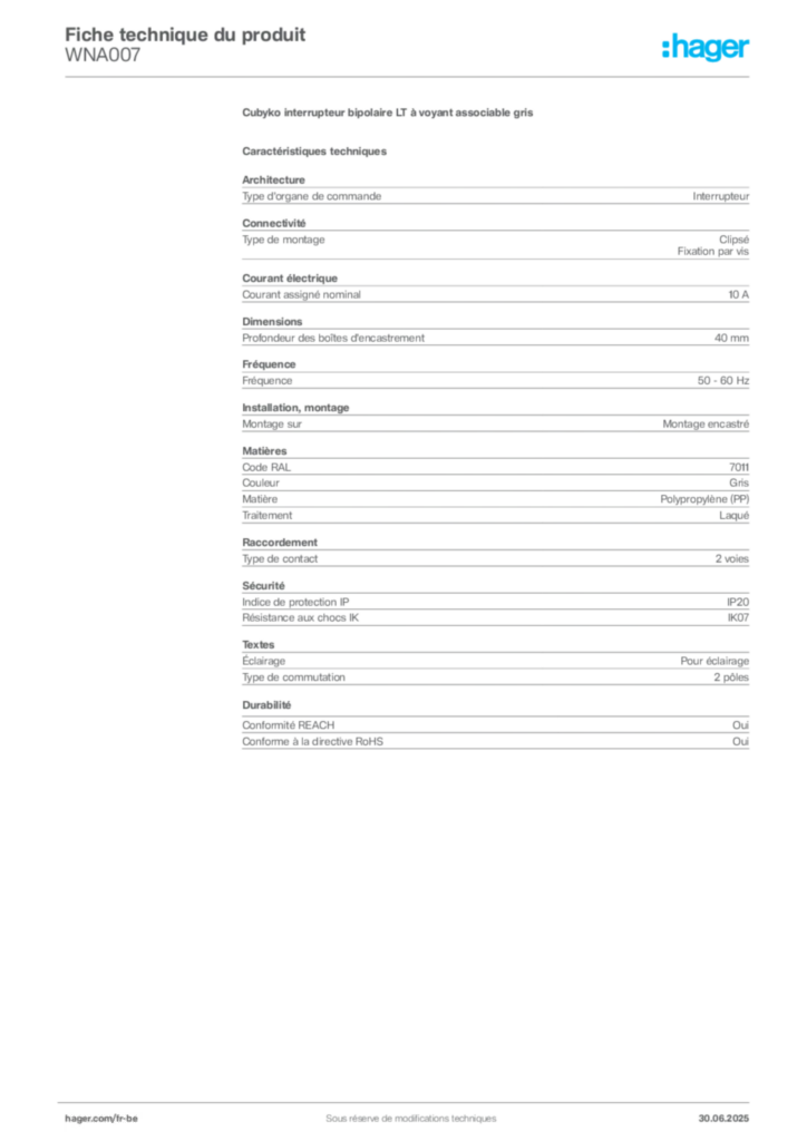Image Hager Fiche technique du produit WNA007 | Hager Belgique