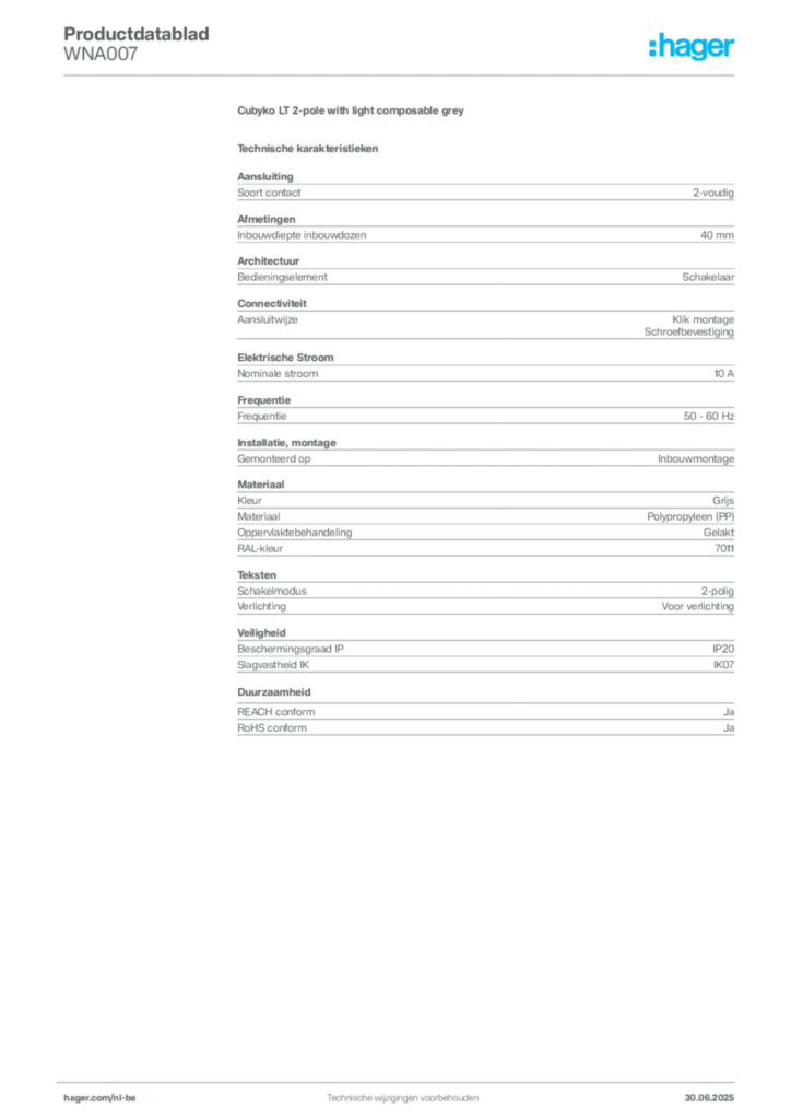 Afbeelding Hager Productdatablad WNA007 | Hager Belgium