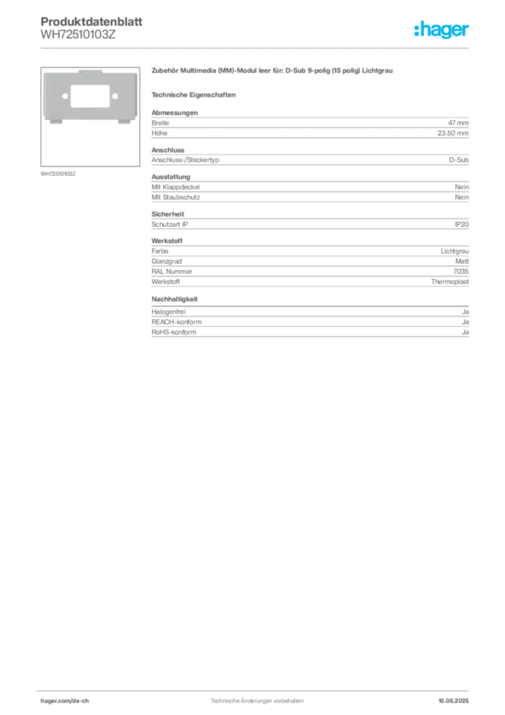 Bild Hager Produktdatenblatt WH72510103Z | Hager Schweiz