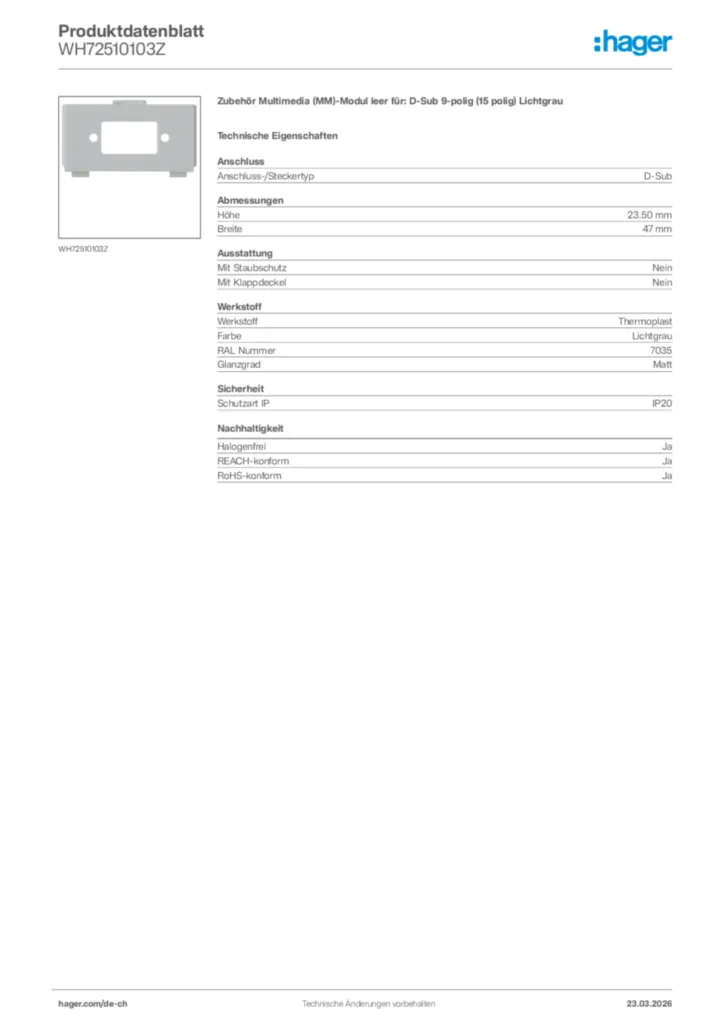 Bild Hager Produktdatenblatt WH72510103Z | Hager Schweiz