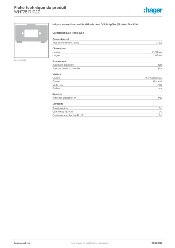 Image Hager Fiche technique du produit WH72510103Z | Hager Suisse