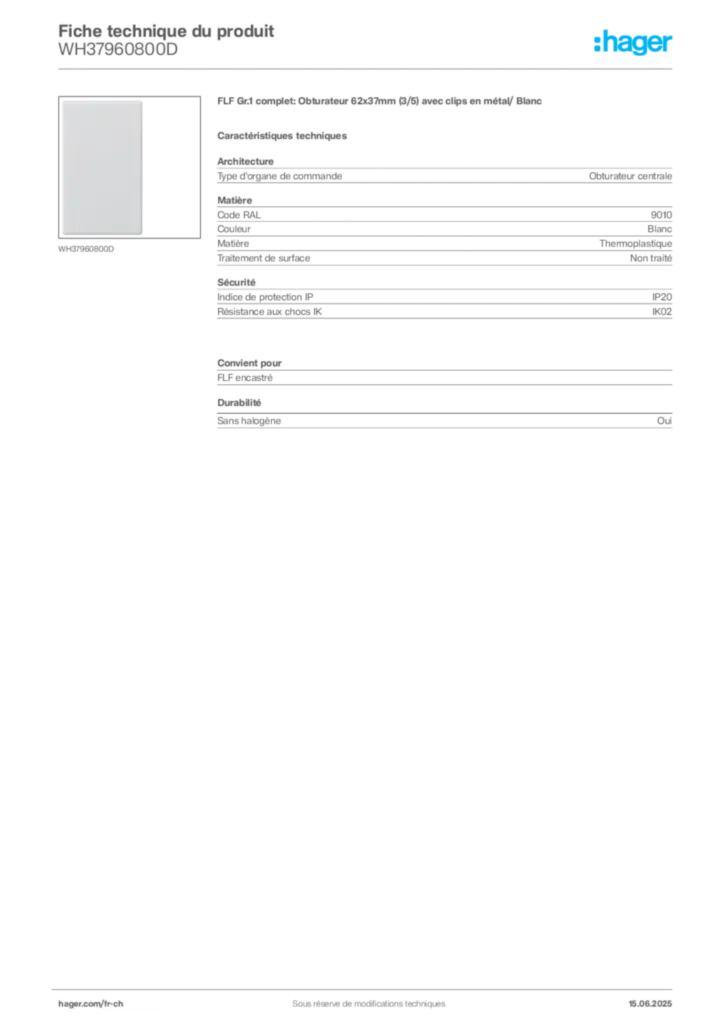 Image Hager Fiche technique du produit WH37960800D | Hager Suisse