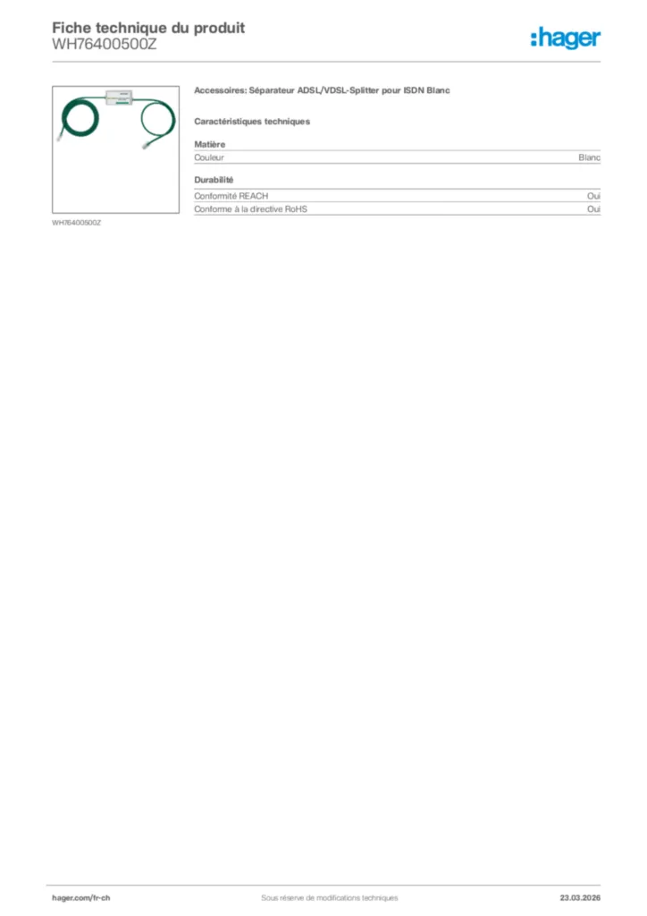 Image Hager Fiche technique du produit WH76400500Z | Hager Suisse