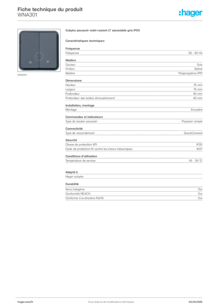 Image Hager Fiche technique du produit WNA301 | Hager France