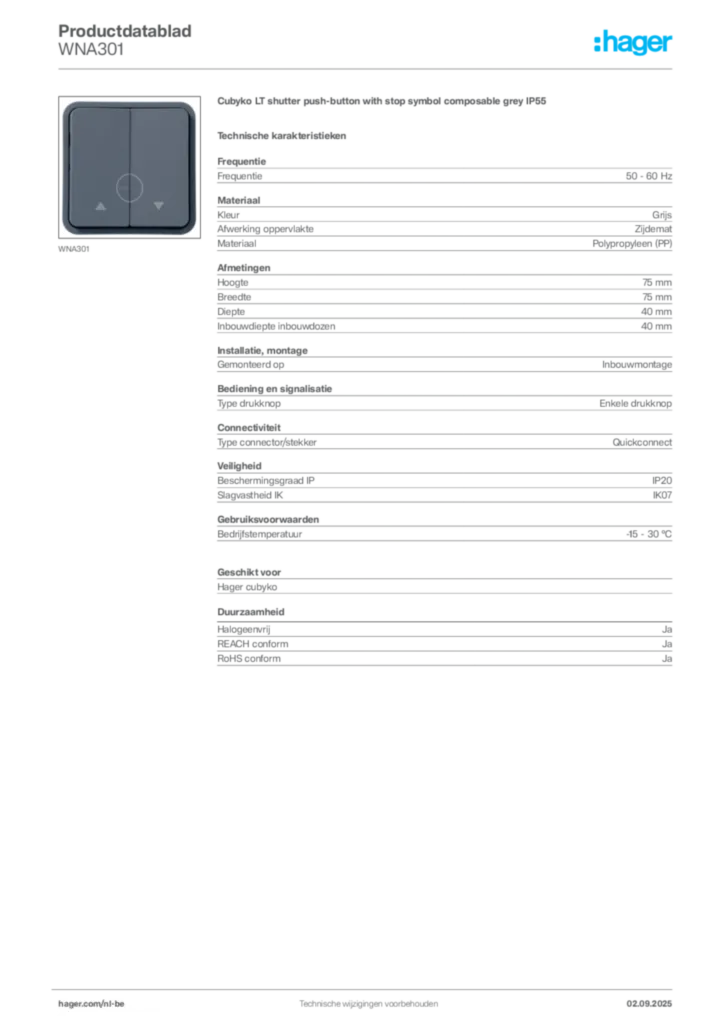 Afbeelding Hager Productdatablad WNA301 | Hager Belgium