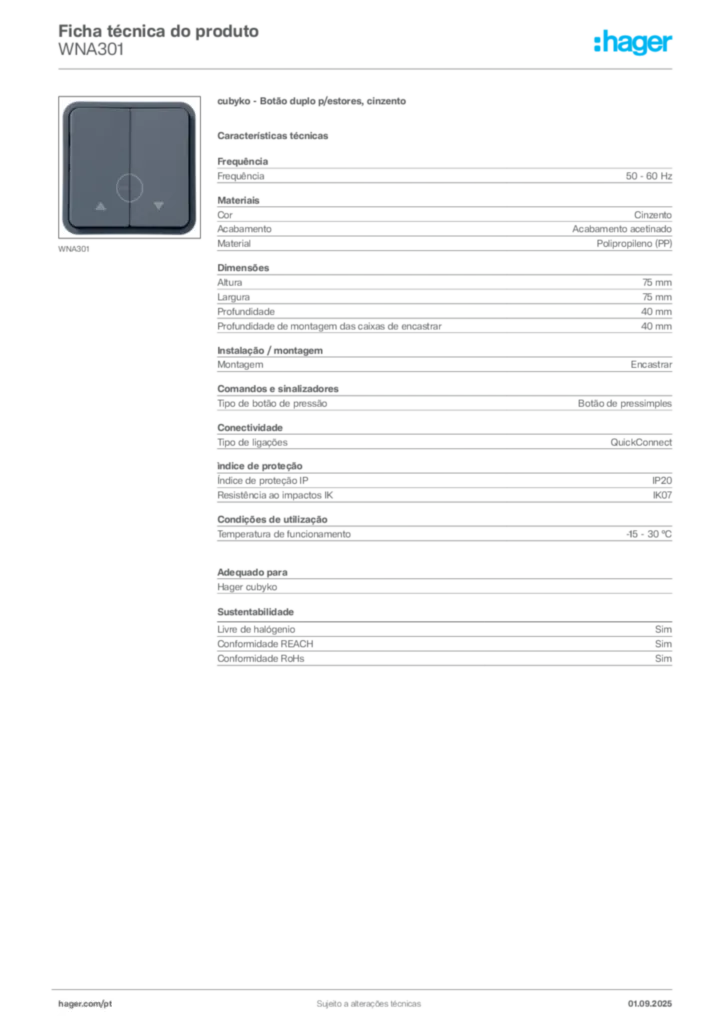 Imagem Hager Ficha técnica do produto WNA301 | Hager Portugal