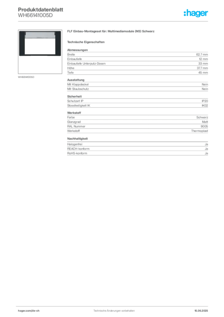 Bild Hager Produktdatenblatt WH66141005D | Hager Schweiz
