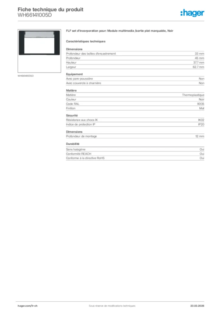 Image Hager Fiche technique du produit WH66141005D | Hager Suisse