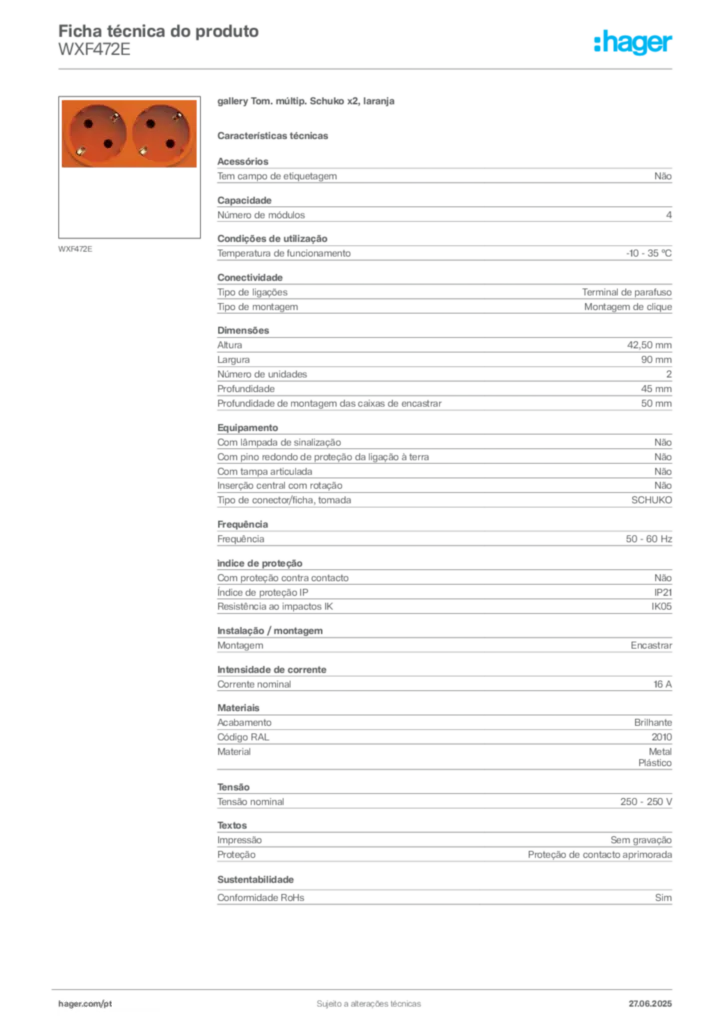 Imagem Hager Ficha técnica do produto WXF472E | Hager Portugal