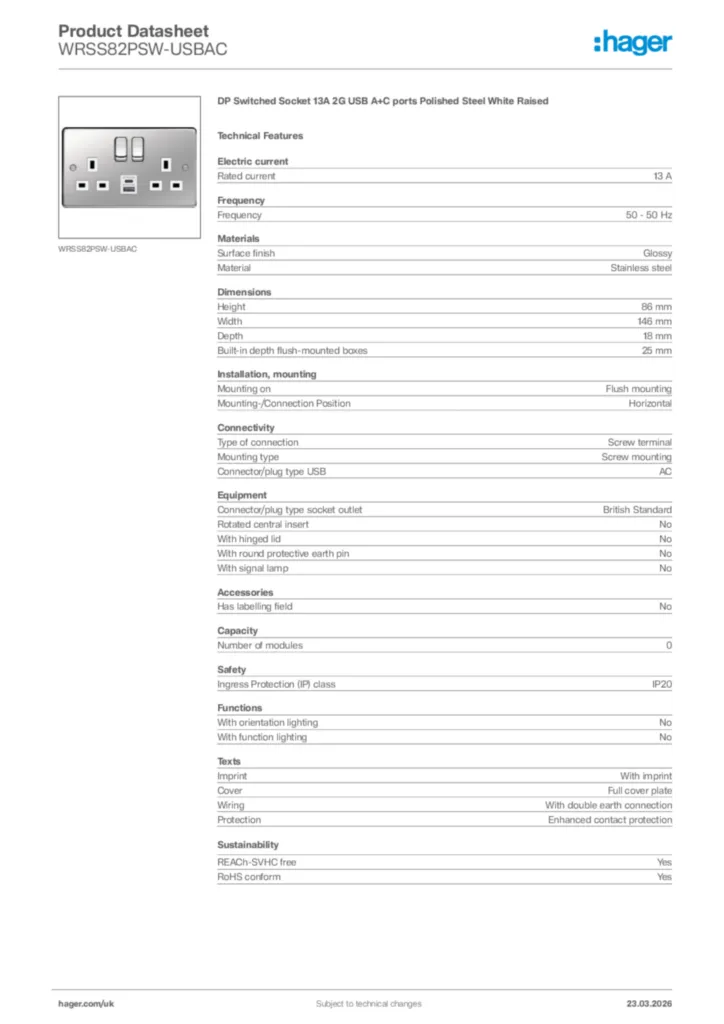 Image Hager Product data sheet WRSS82PSW-USBAC  | Hager