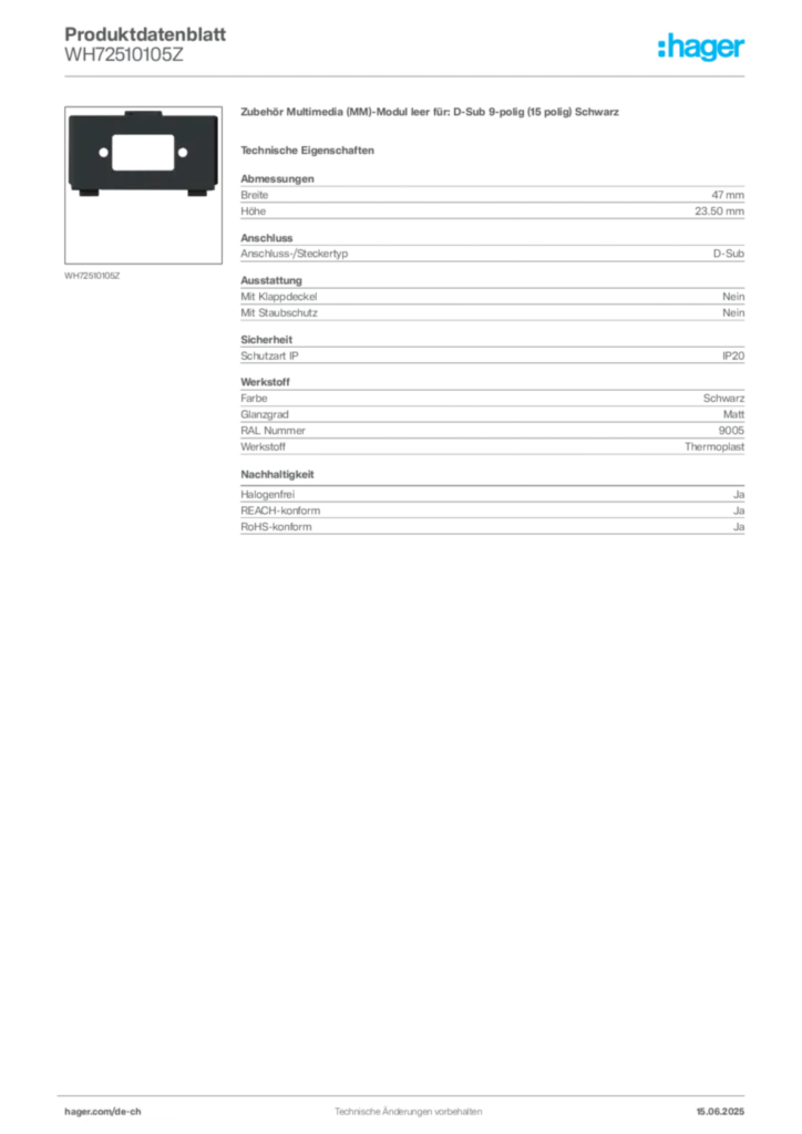 Bild Hager Produktdatenblatt WH72510105Z | Hager Schweiz