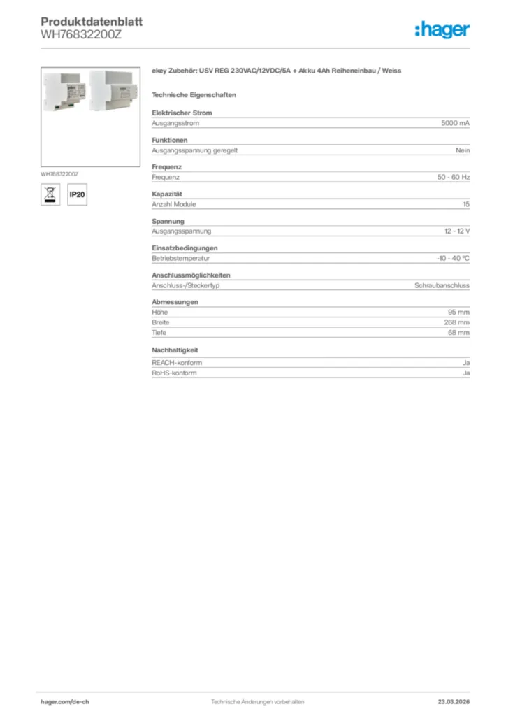 Bild Hager Produktdatenblatt WH76832200Z | Hager Schweiz