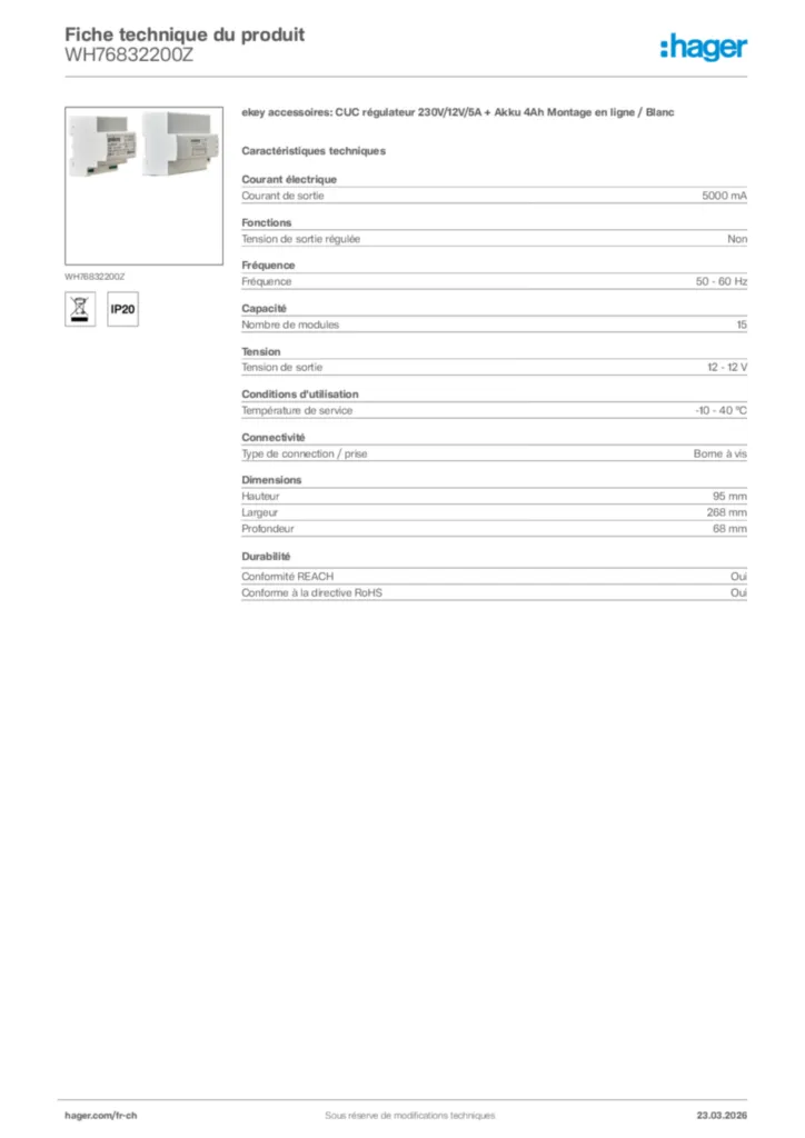 Image Hager Fiche technique du produit WH76832200Z | Hager Suisse