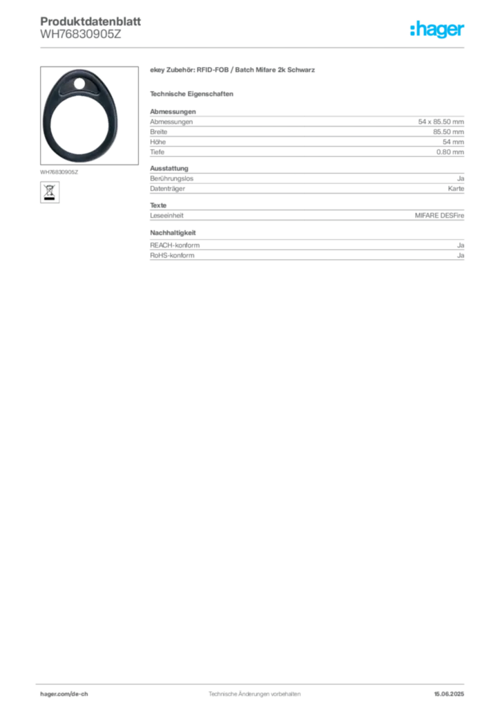 Bild Hager Produktdatenblatt WH76830905Z | Hager Schweiz