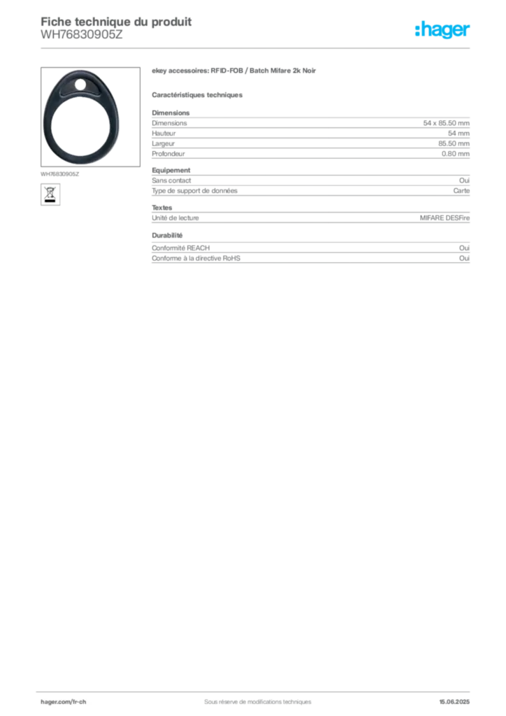 Image Hager Fiche technique du produit WH76830905Z | Hager Suisse