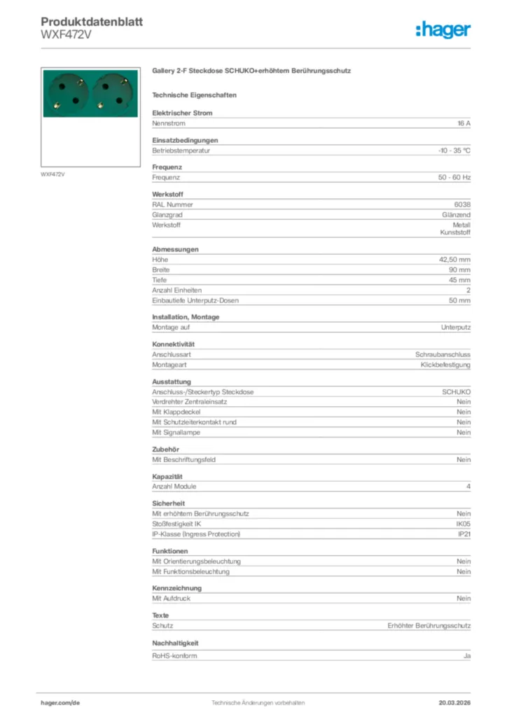 Bild Hager Produktdatenblatt WXF472V | Hager Deutschland