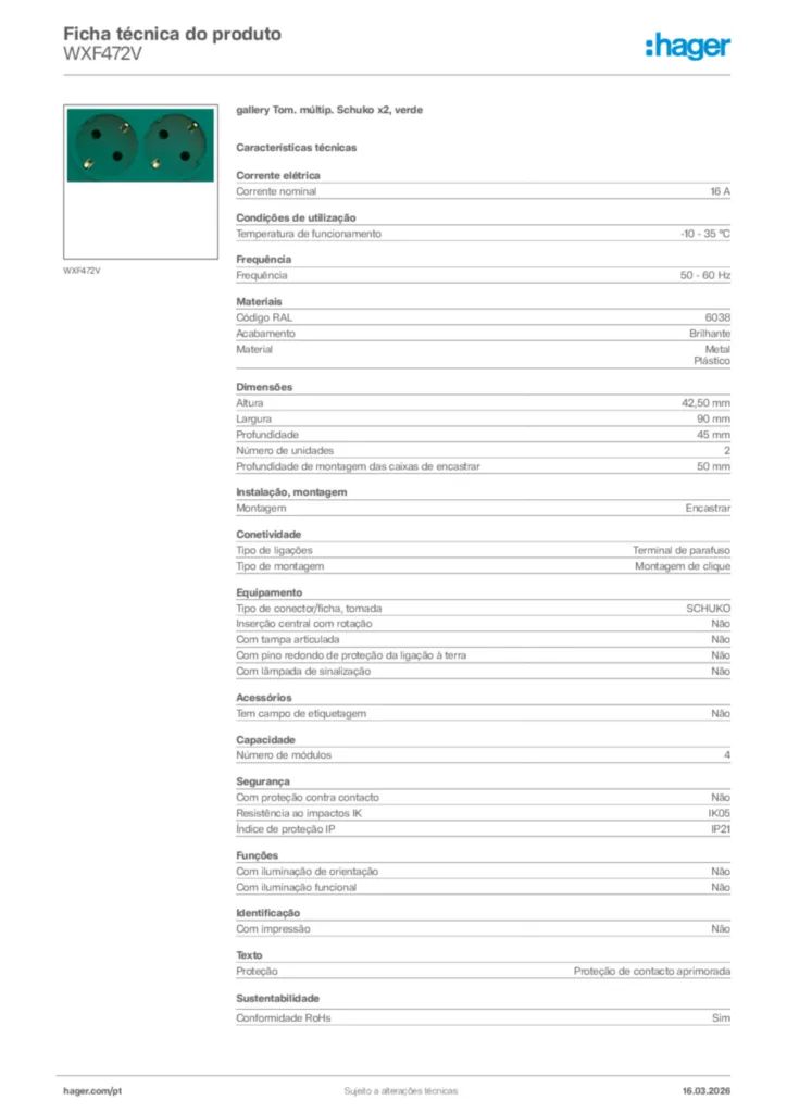 Imagem Hager Ficha técnica do produto WXF472V | Hager Portugal