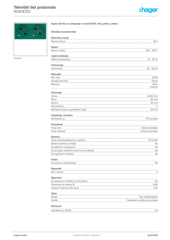Slika Hager Product data sheet WXF472V  | Hager