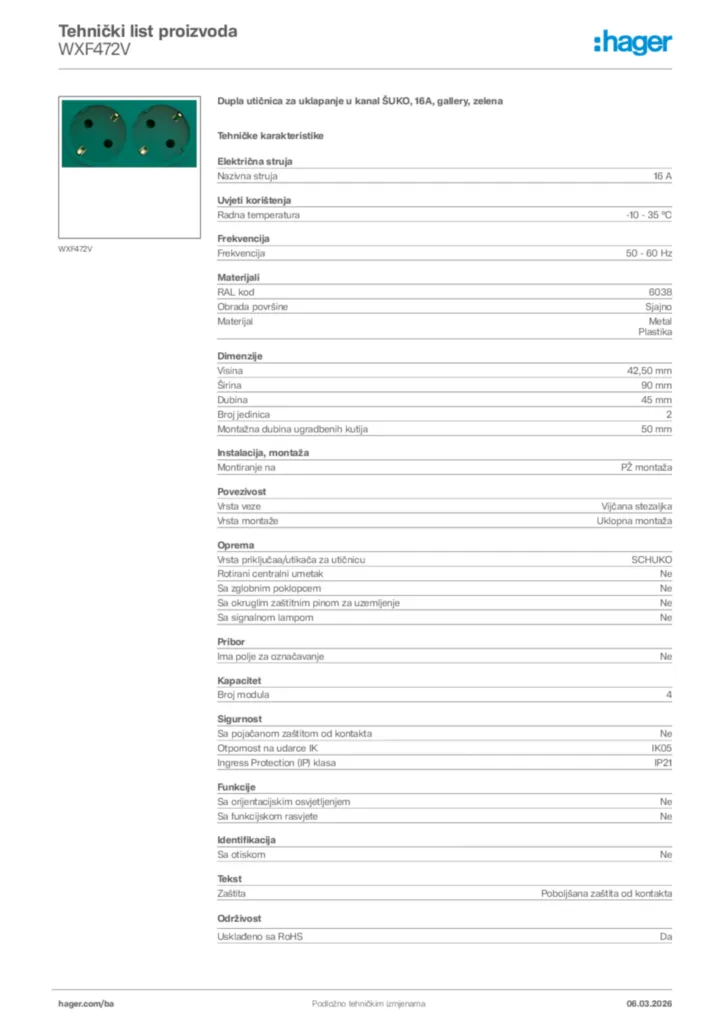 Slika Hager Tehnički list proizvoda WXF472V  | Hager