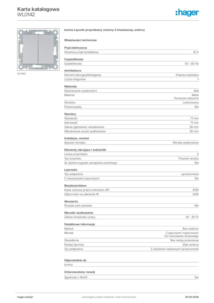 Zdjęcie Hager Karta katalogowa WL0142 | Hager Polska