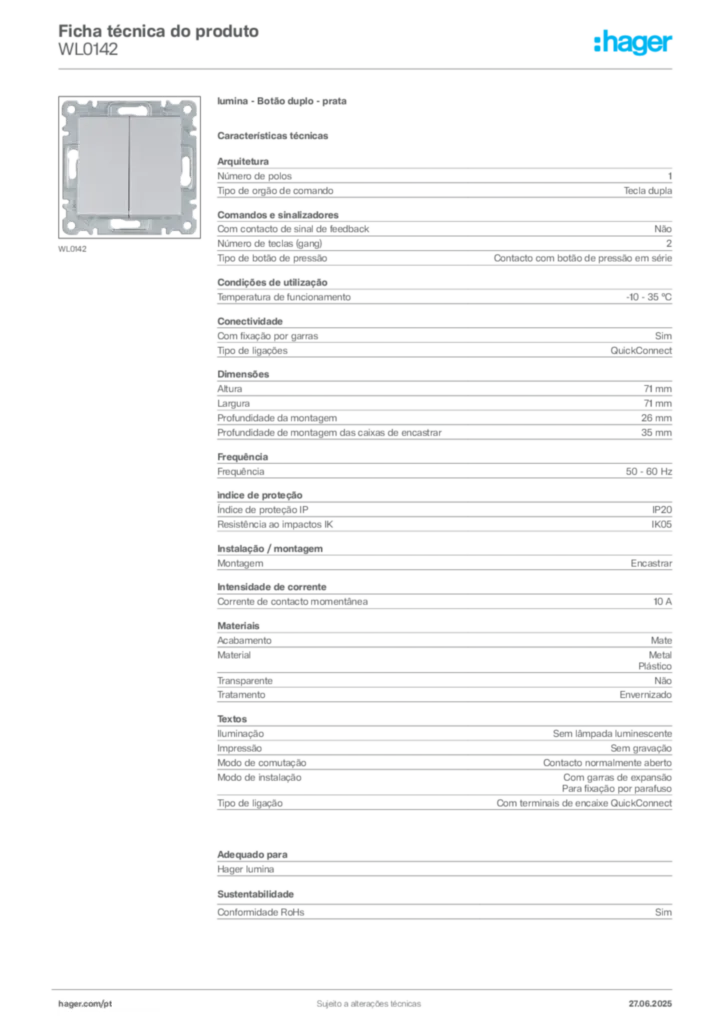 Imagem Hager Ficha técnica do produto WL0142 | Hager Portugal