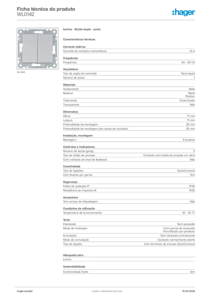 Imagem Hager Ficha técnica do produto WL0142 | Hager Portugal