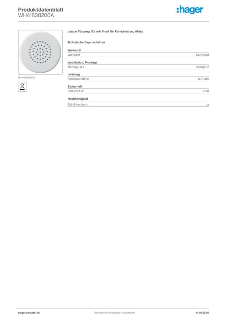 Bild Hager Produktdatenblatt WH41830200A | Hager Schweiz