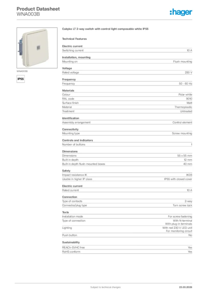 Image Hager Product data sheet WNA003B  | Hager Africa