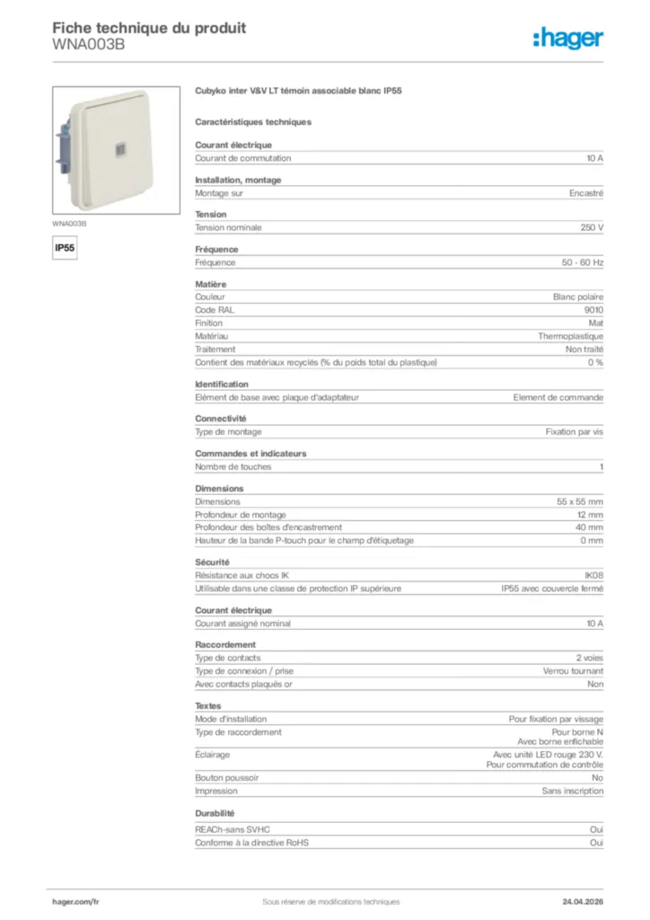 Image Hager Fiche technique du produit WNA003B | Hager France