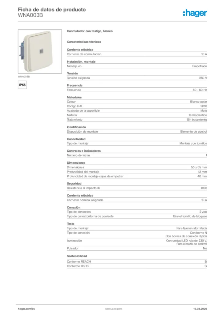 Imagen Hager Ficha de datos de producto WNA003B | Hager España