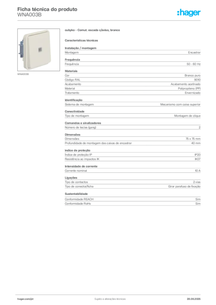 Imagem Hager Ficha técnica do produto WNA003B | Hager Portugal