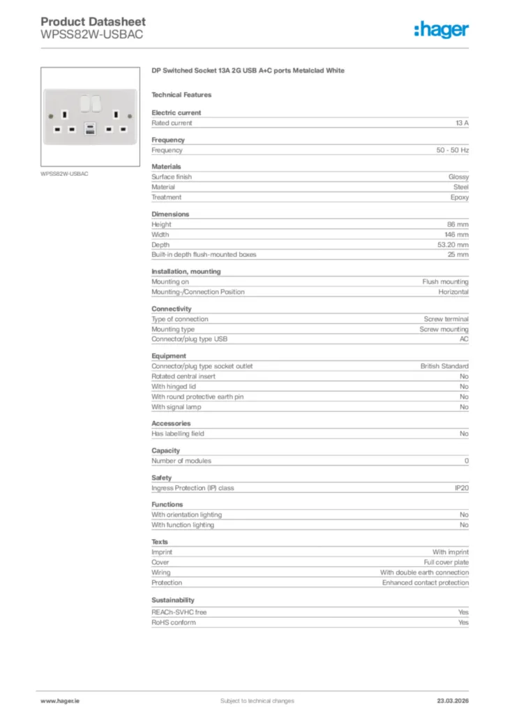 Image Hager Product data sheet WPSS82W-USBAC  | Hager