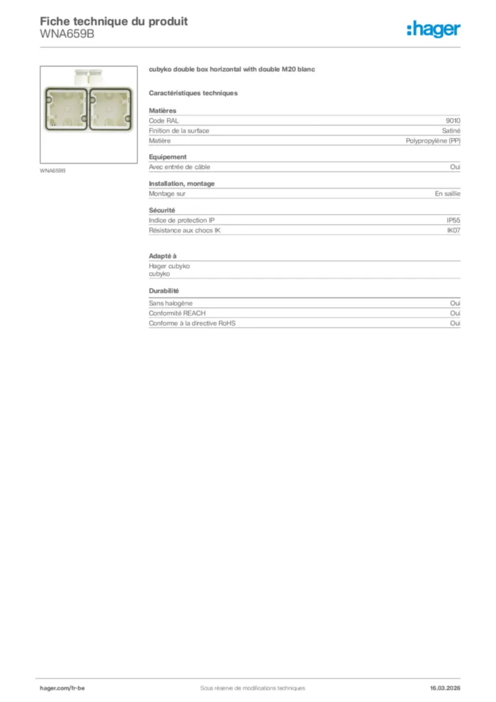 Image Hager Fiche technique du produit WNA659B | Hager Belgique